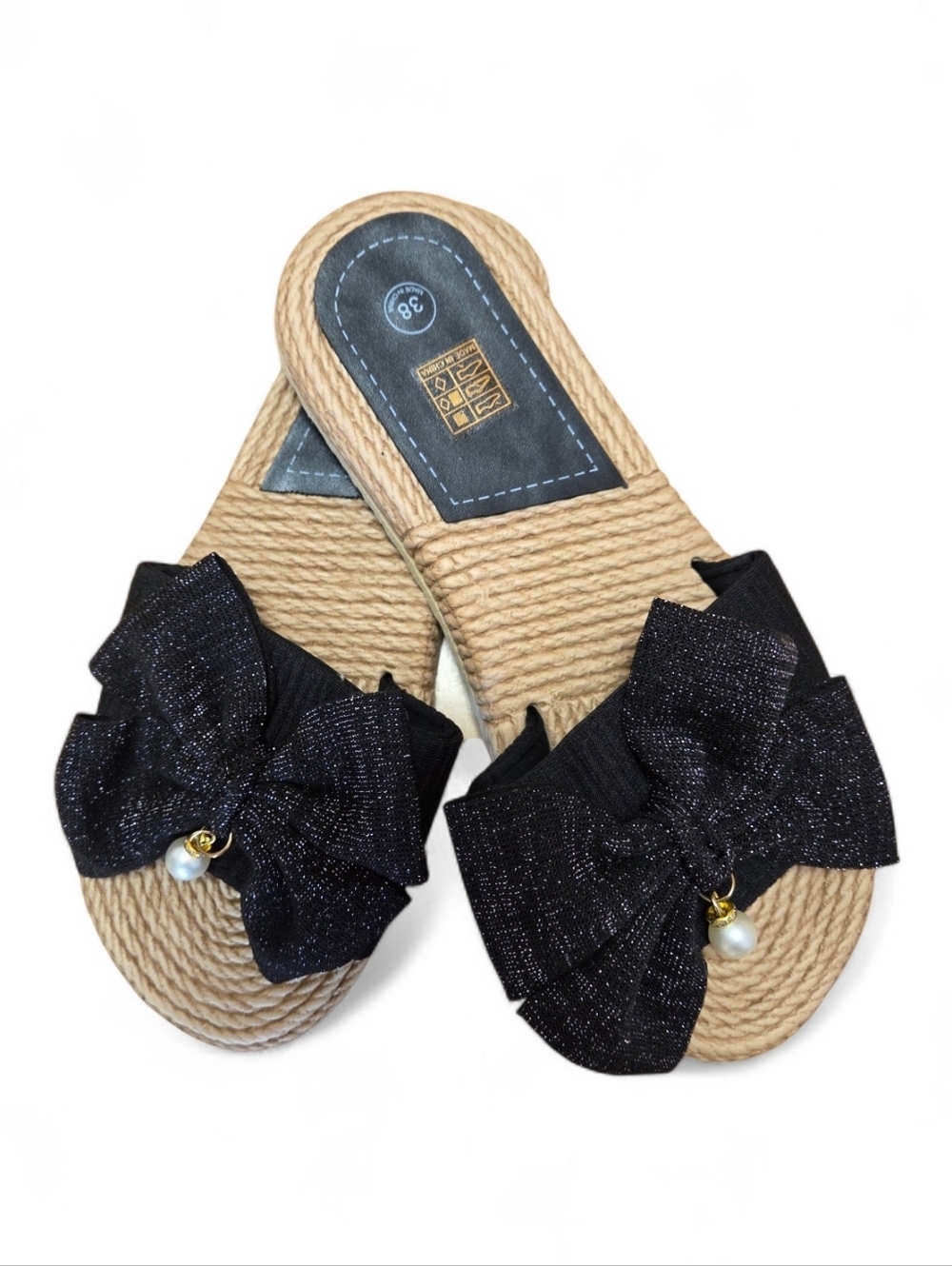 Women's Black Bow Slide Sandals with Pearl Accent Size 7 - Picture 2 of 5